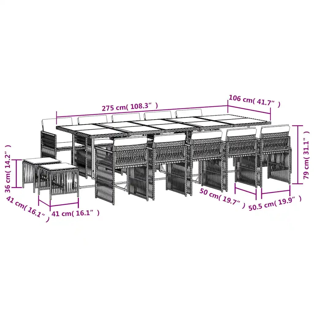 Set da Pranzo da Giardino 15 pz con Cuscini Beige in Polyrattan 3211714