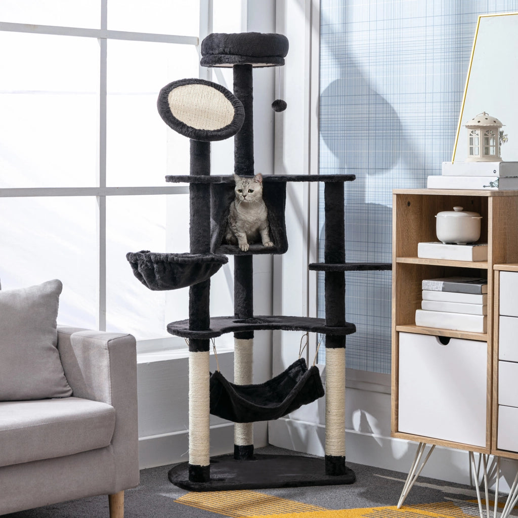 Torre per Gatti con Piattaforme Poste Amaca e Cueva ¨C Minimal ¨C Grigio Scuro 65x50x153 cm