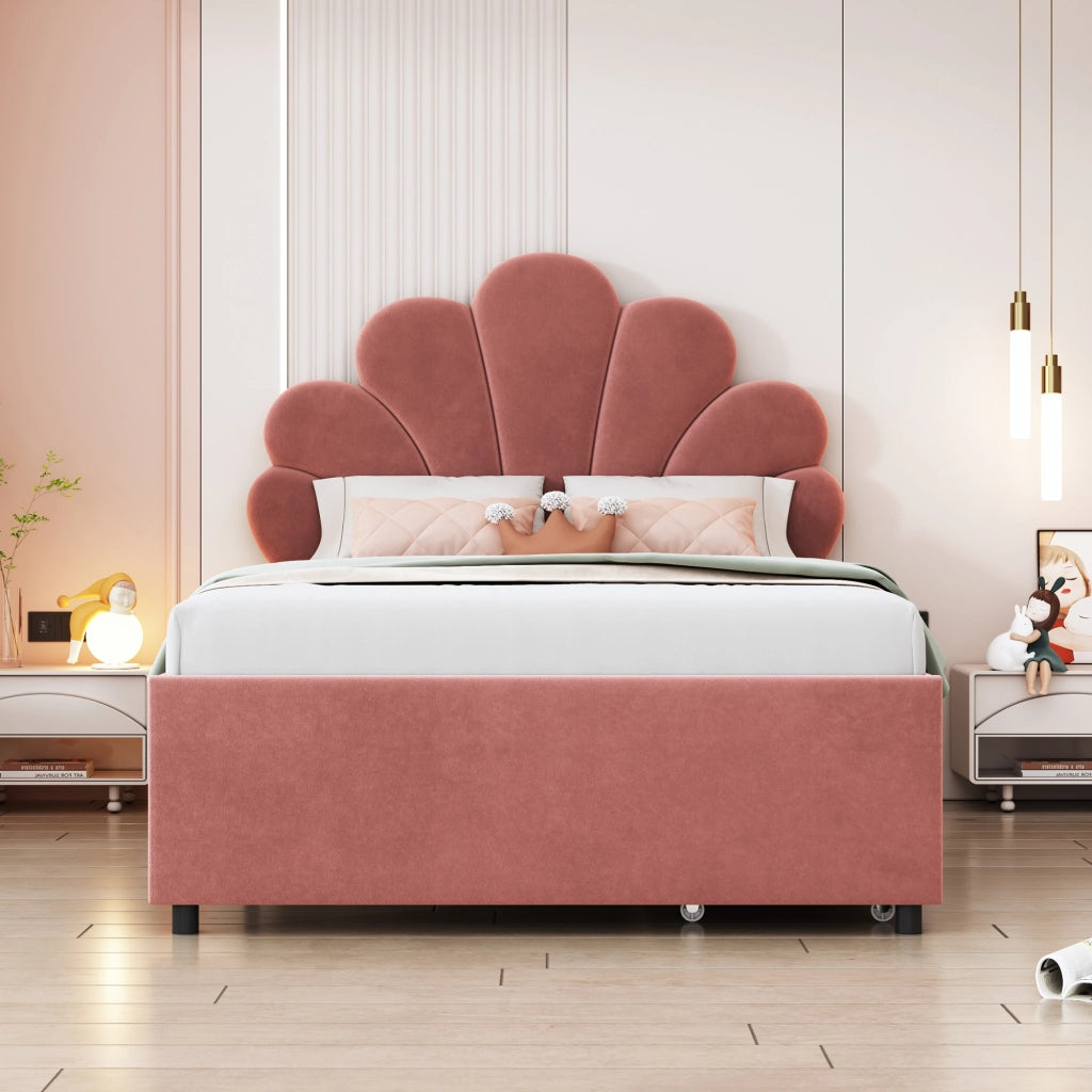 LETTO Imbottito 90x200 cm in velluto Rosa con 2 cassetti
