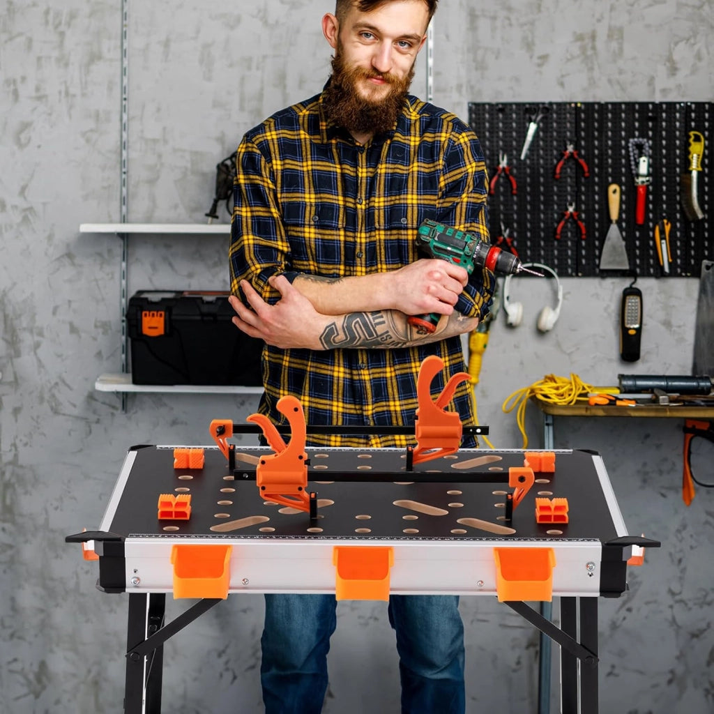 Banco da Lavoro Pieghevole, Tavolo da Lavoro Portatile con 2 Morsetti Rapidi e 4 Clamp Dogs, Telaio in Alluminio e Metallo, Capacità di Carico 454 KG (Modello 3)