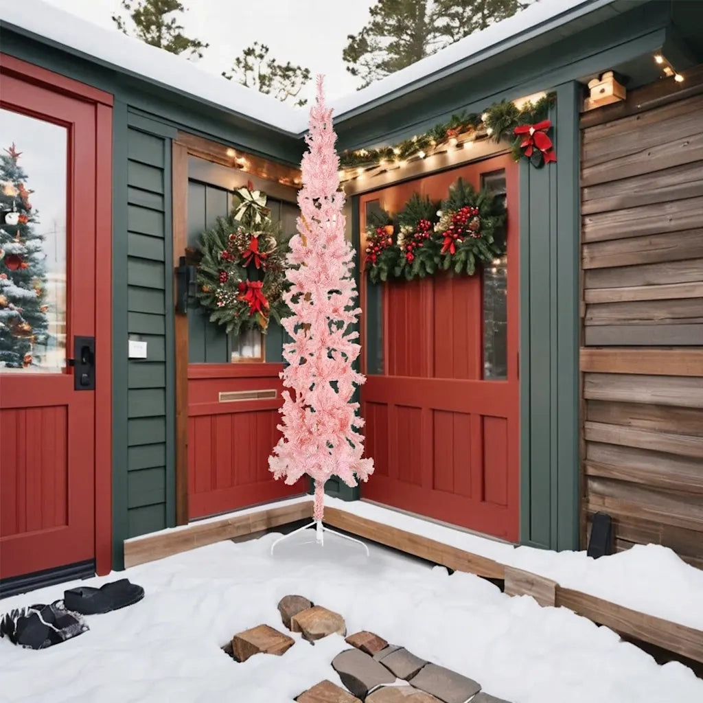 Albero Natale Artificiale Sottile a Met¨¤ e Supporto-Albero Natalizio Rosa 240 cm