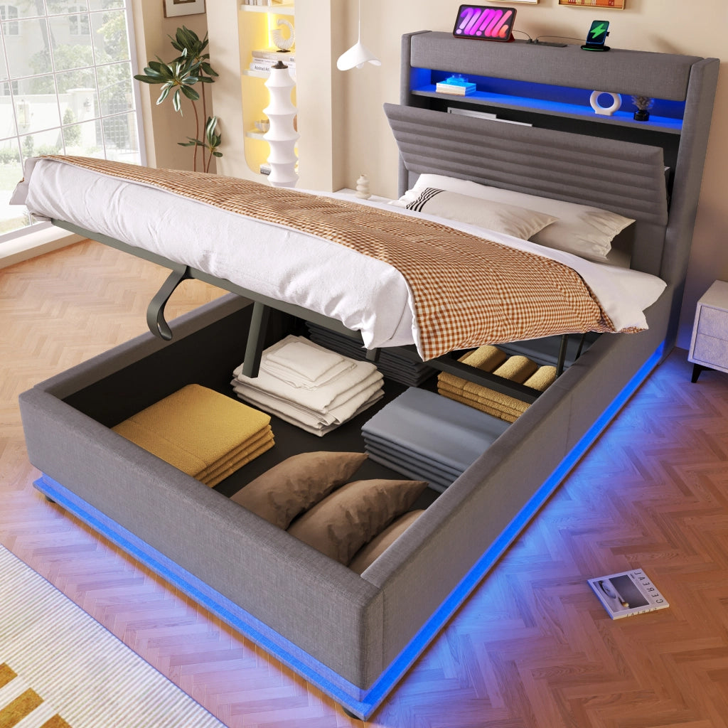 LETTO contenitore 90x200 cm in lino grigio con LED e USB Type-C