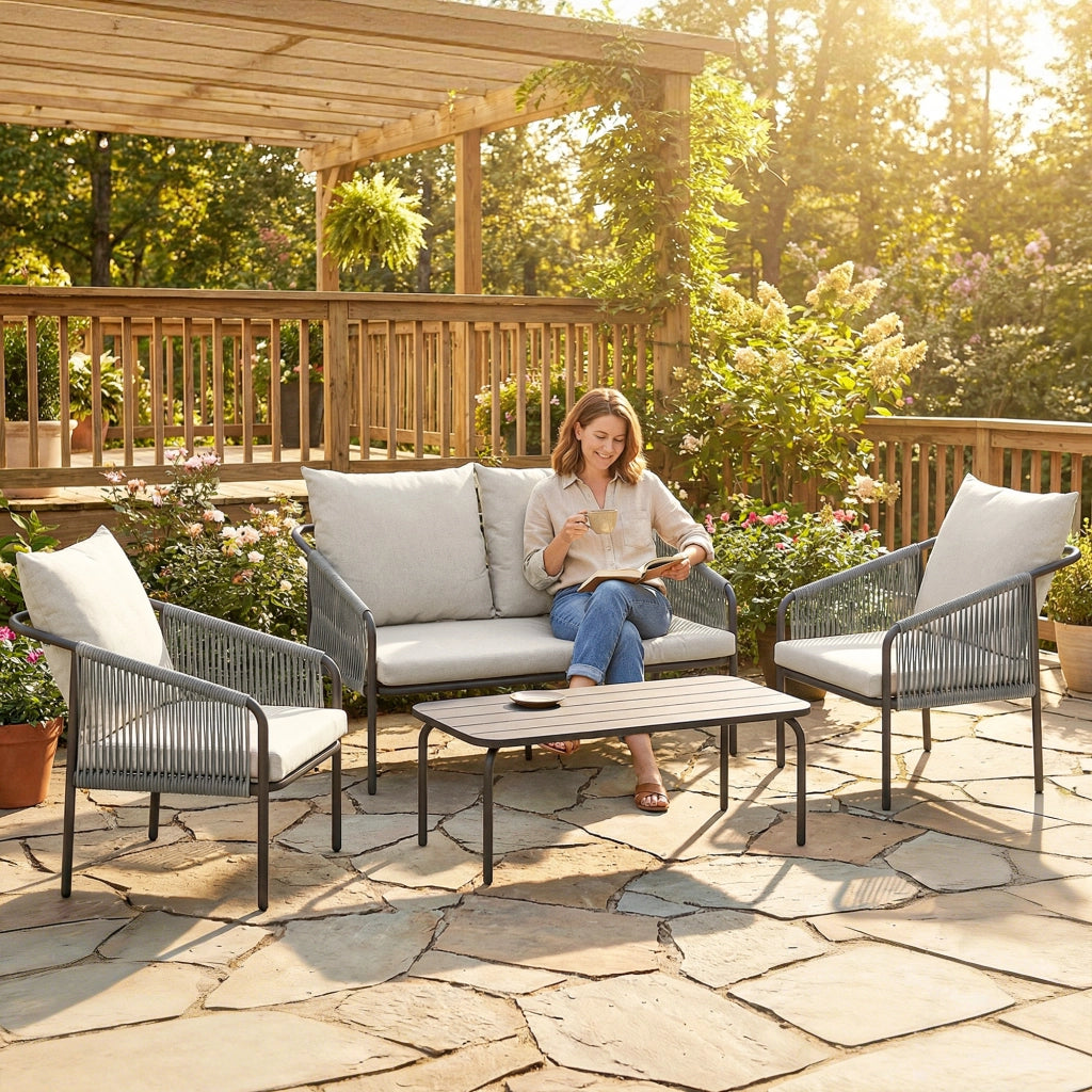 Set Giardino 4 Pezzi Polyrattan con Divano 2 Posti 2 Sedie Tavolino Cuscini ¨C Xylo ¨C Grigio