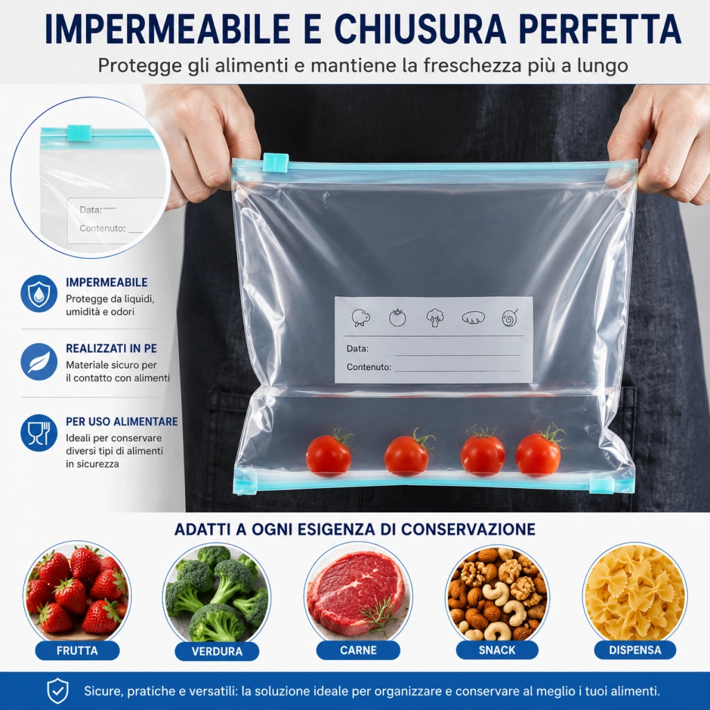 24 Sacchetti Alimenti Riutilizzabili Zip 3 Misure Freezer Frigo 69714