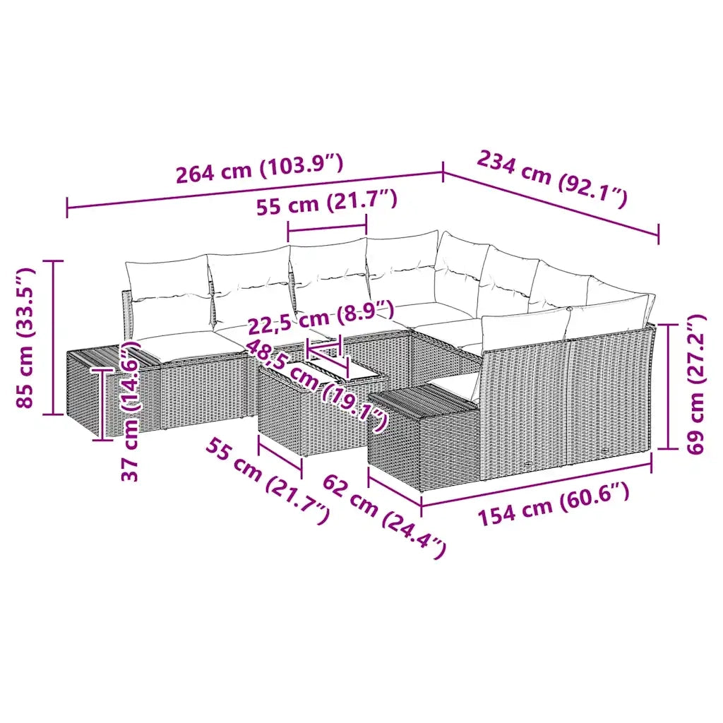 Set Divano da Giardino con cuscino 9 pcs Marrone polyrattan 3346998