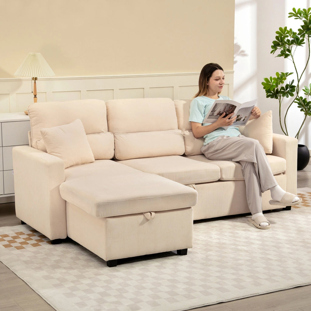 Divano letto con contenitore ¨C Xylo ¨C tessuto beige con cuscini