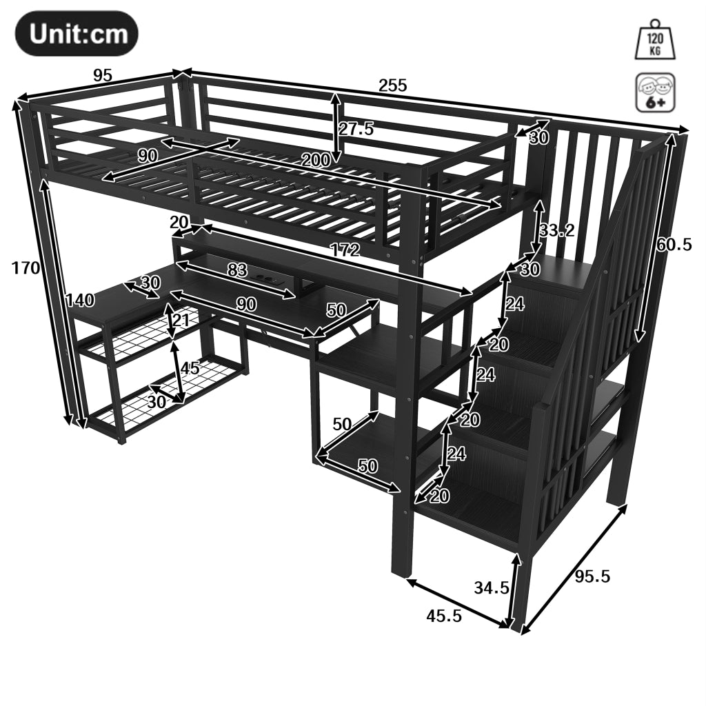 LETTO A SOPPALCO 90x200 cm Metallo e MDF Nero con scrivania USB