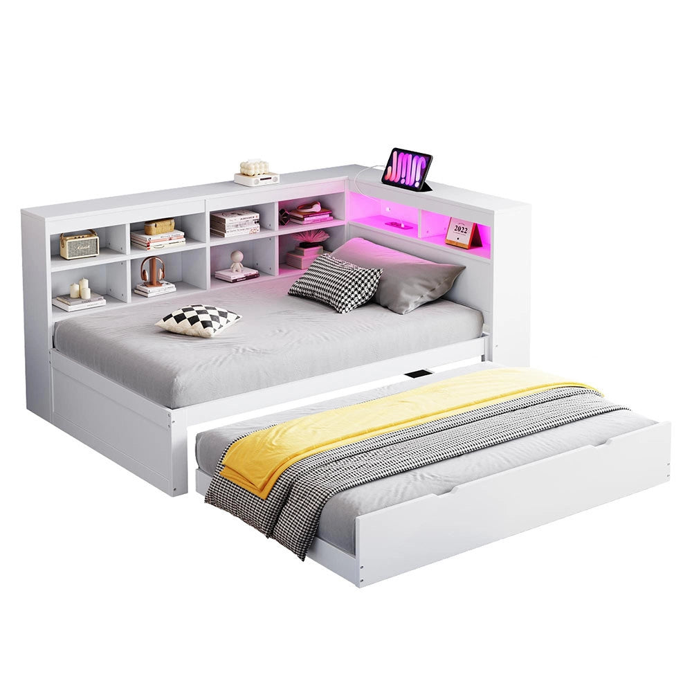 Divano in legno 90x200cm - Xylo - bianco, LED USB, scomparti, spazio