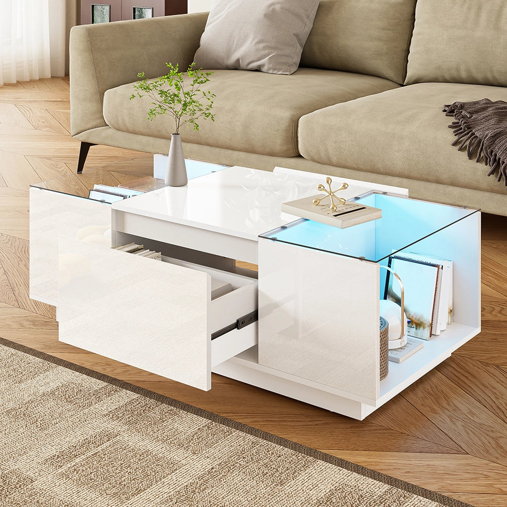 Tavolino-Xylo-105cm vetro LED 2 cassetti spazio archiviazione
