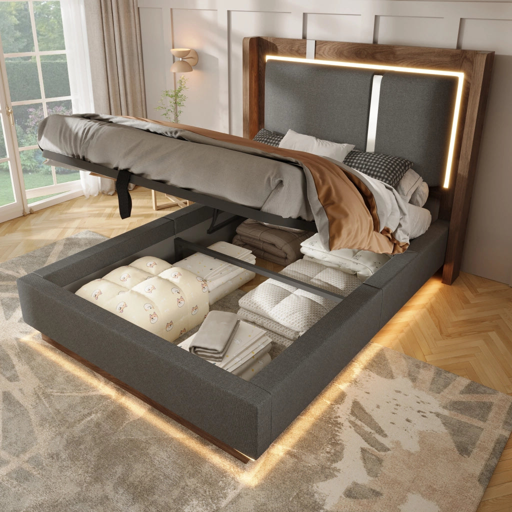 LETTO 90x200 cm con LED, contenitore, lino grigio e noce
