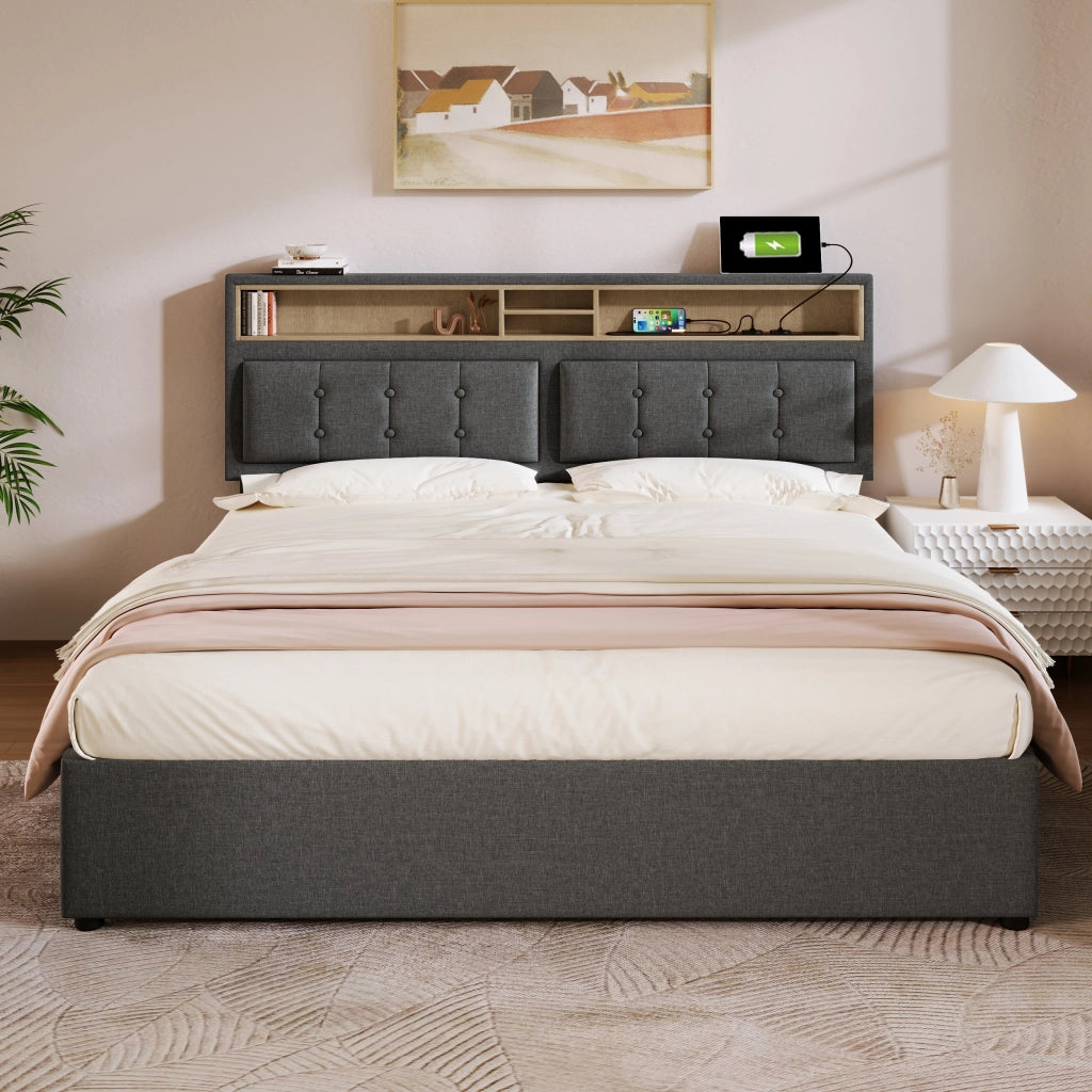 LETTO Imbottito 140x200 cm in Lino Grigio con testiera regolabile e USB