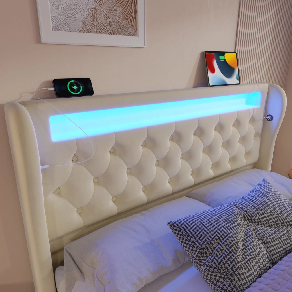 Letto imbottito con LED, ricarica USB e contenitore idraulico