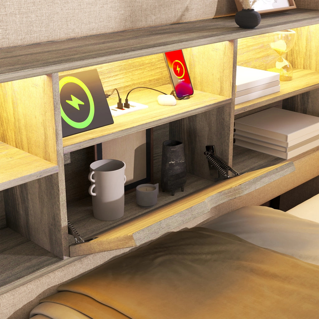 LETTO 140x200 cm con LED, USB e contenitore idraulico, Lino Beige