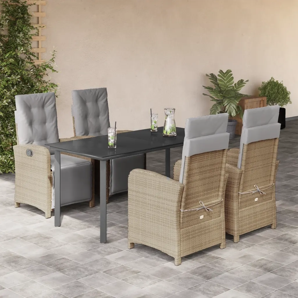 Set da Pranzo da Giardino 5 pz con Cuscini Beige in Polyrattan
