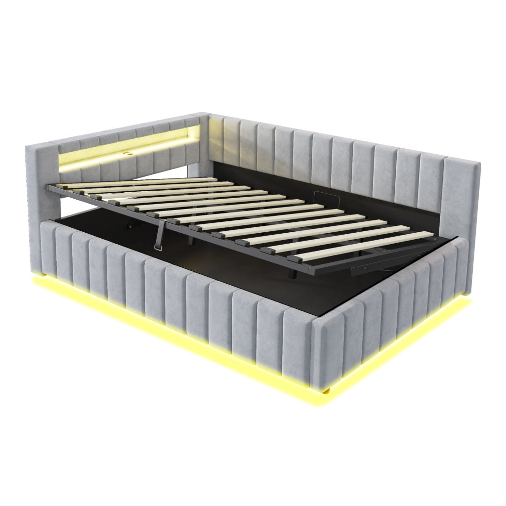 LETTO imbottito 140x200 cm Grigio in velluto con contenitore, LED e USB