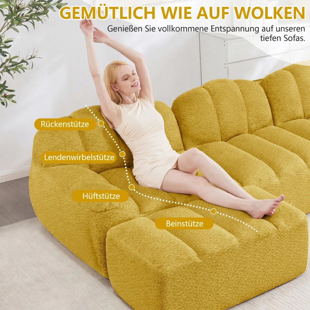 Divano modulare 3 posti con 2 pouf; schiuma 32D; tessuto giallo