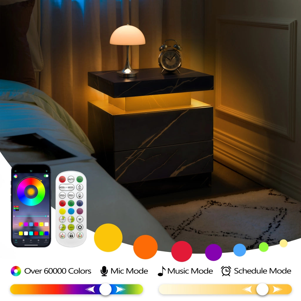 COMODINO LED Set da 2 pezzi Nero/Oro con 2 cassetti