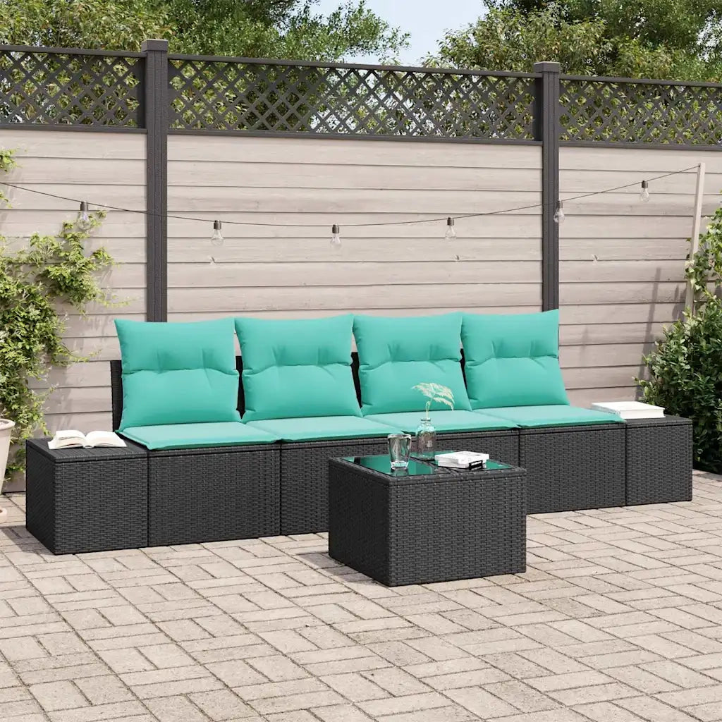Set Divano da Giardino 5 pz Nero e Turchese polyrattan 3355605