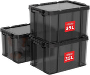 Scatole di archiviazione in plastica, 35L, 3 pezzi, nero, con coperchi, durature