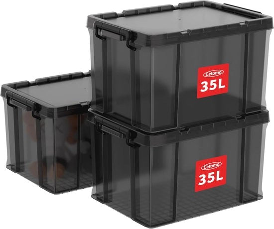 Scatole di archiviazione in plastica, 35L, 3 pezzi, nero, con coperchi, durature