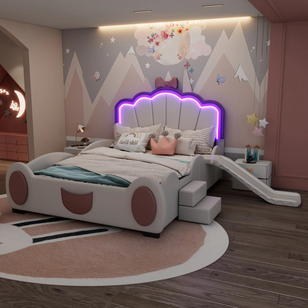 LETTO per bambini 140x200 cm a farfalla con LED, scivolo e scala, PU rosa e bianco