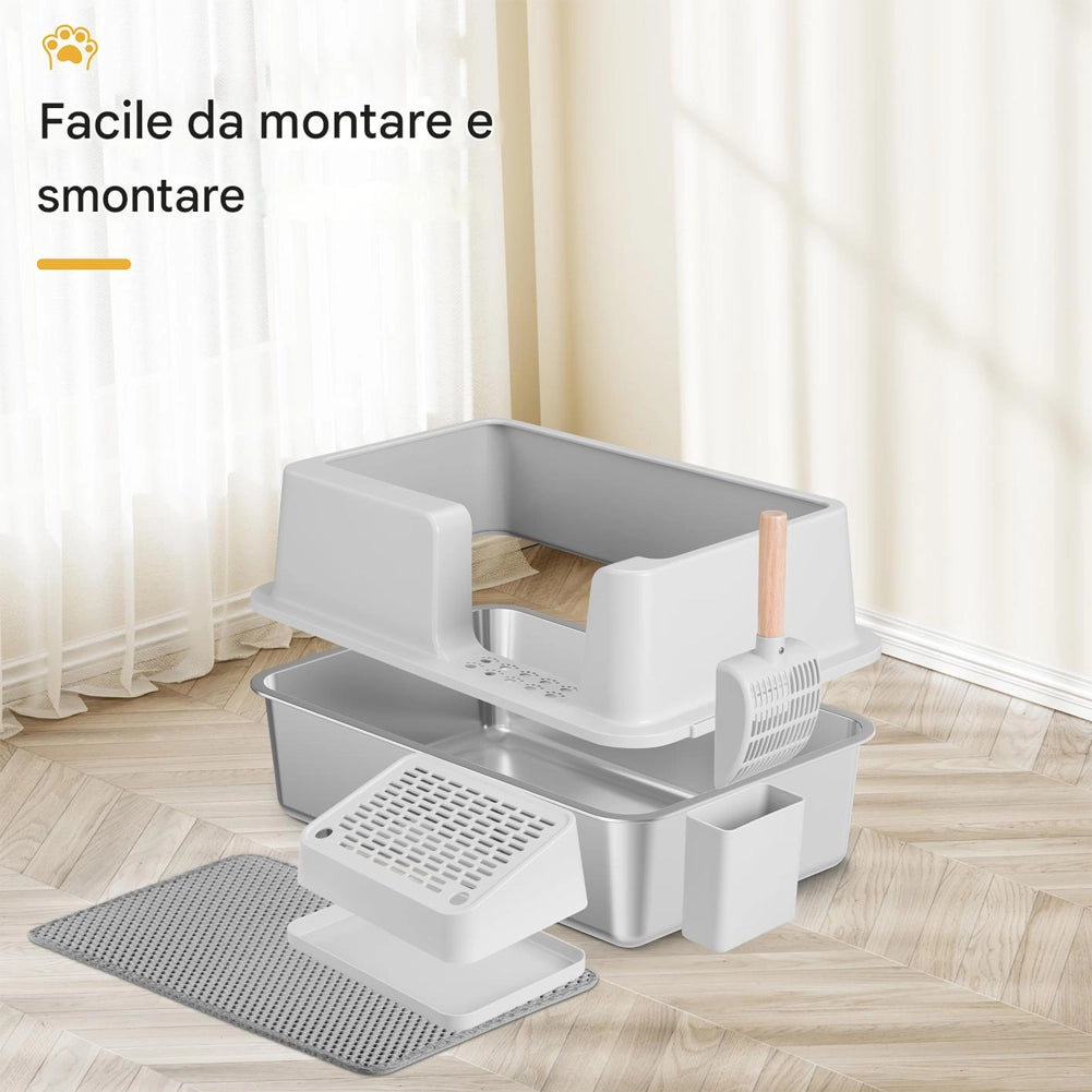 Lettiera per Gatti Acciaio con Tappetino e Supporto Anti Sabbiolina Capacità 35L