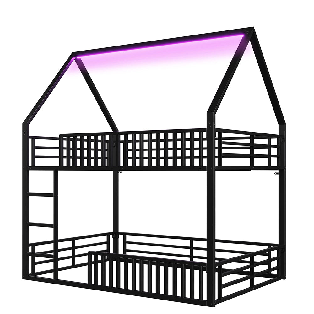 Letto a castello a casetta 140x200cm - Xylo - nero, LED, parapetti