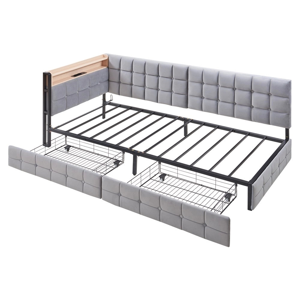 Letto Singolo Imbottito con Cassetti e LED ¨C MINIMAL ¨C Grigio 90x200
