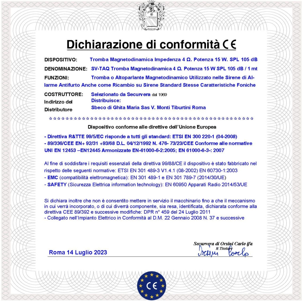 Tromba Altoparlante Ricambio Sirena Allarme Impedenza 4 Ohm Potenza 15 W Suoni Alta Frequenza da 850 ± 4600 Hz Tweeter Magnete Ø70XH10mm Ricambio Sirene Antifurto Qualsiasi Marca Misure L80XH80XP53 mm