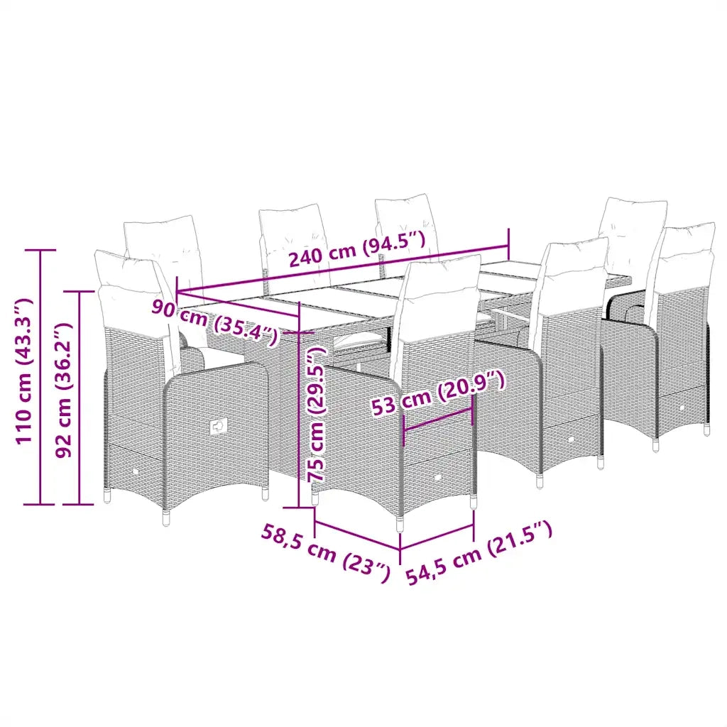 Set Bistrò da Giardino 9 pz con Cuscini in Polyrattan Marrone