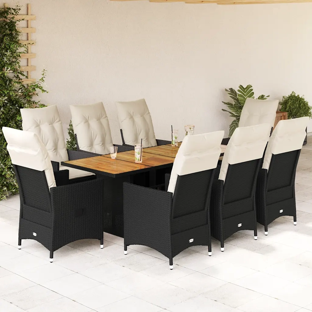 Set da Pranzo da Giardino 9 pz con Cuscini Nero in Polyrattan 3276689