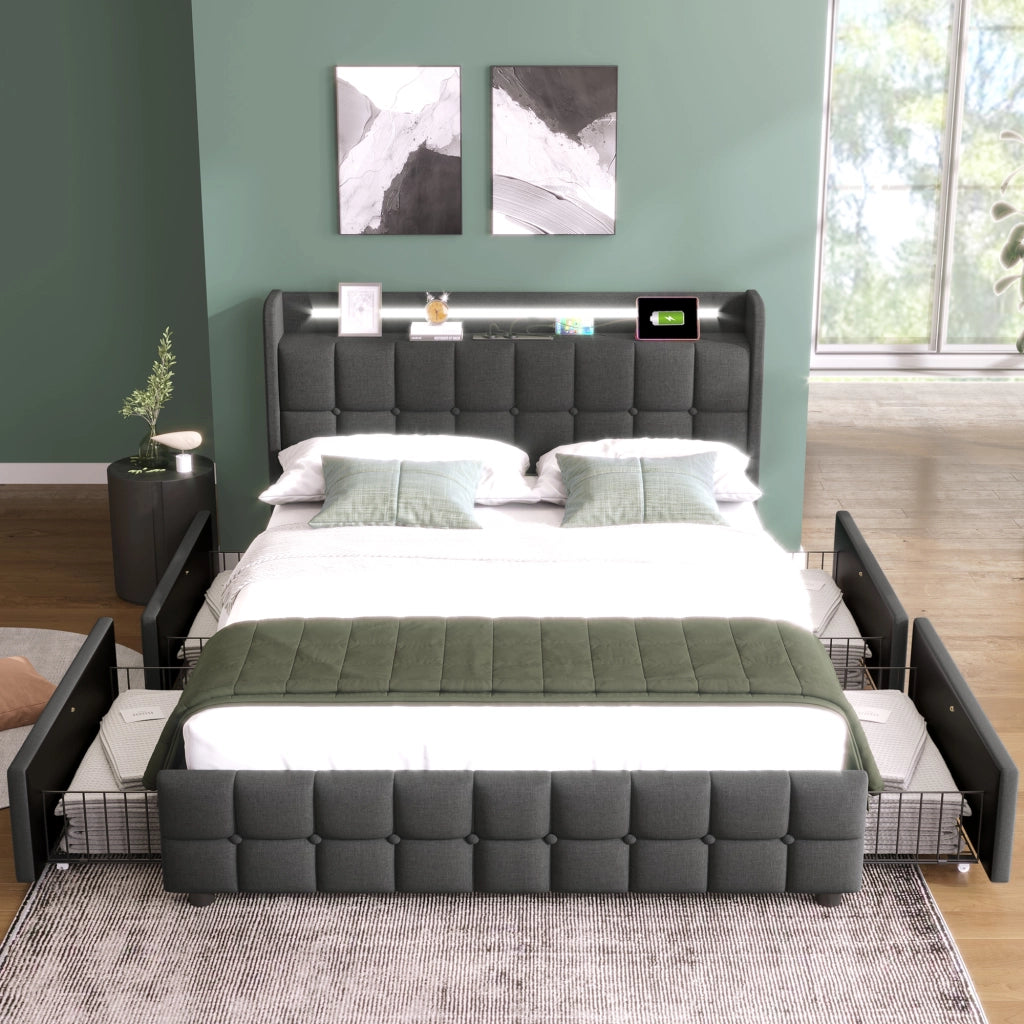 LETTO Contenitore 140x200 cm Grigio con 4 Cassetti, USB e LED