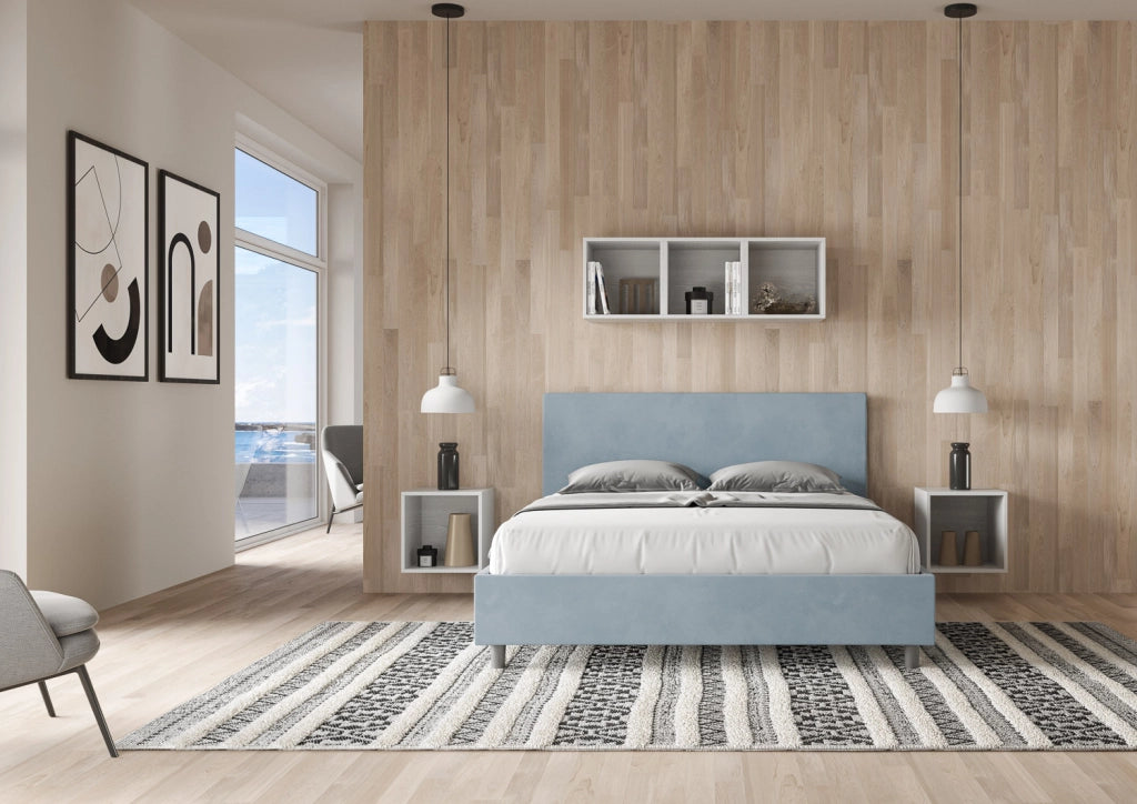 BS COM Letto matrimoniale king size contenitore imbottito 170x210 microfibra azzurro