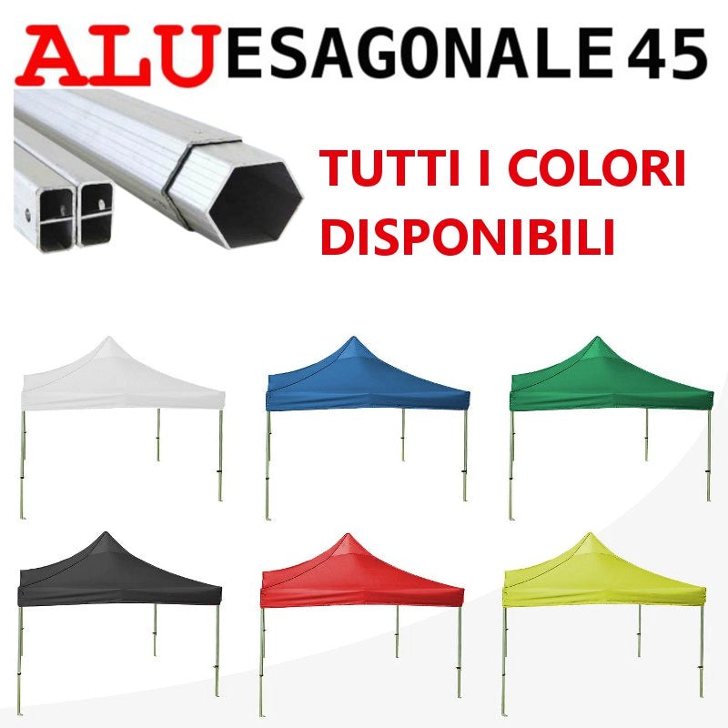 Gazebo 3x3 m giallo SENZA laterali pieghevole alluminio piantone esagonale 45mm portatile estendibile richiudibile estensibile acciaio per fiere eventi stand chiosco tenda tendone mercato mercatino