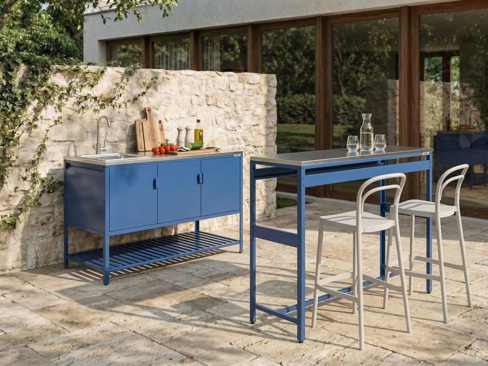 Armadietto da giardino in acciaio a 3 ante con piano in acciaio inox blu giardino cucina esterno