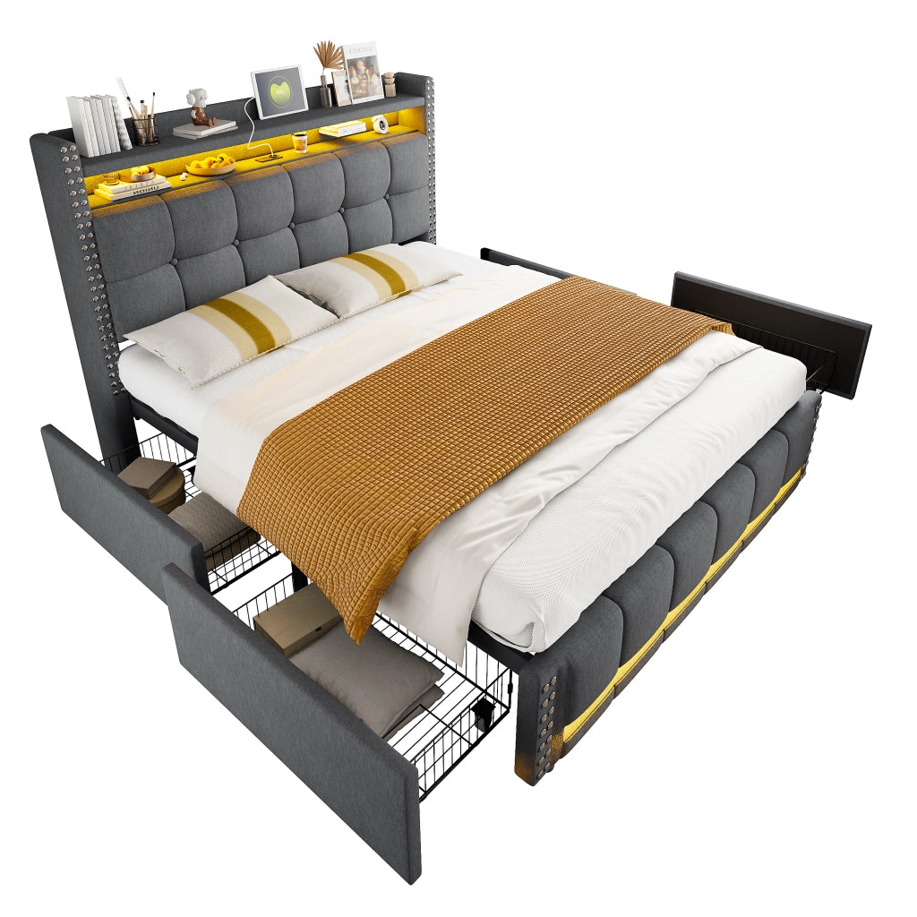 Letto matrimoniale imbottito 160x200 cm con LED, presa USB, testiera con ripiani e cassetti, tessuto effetto lino grigio