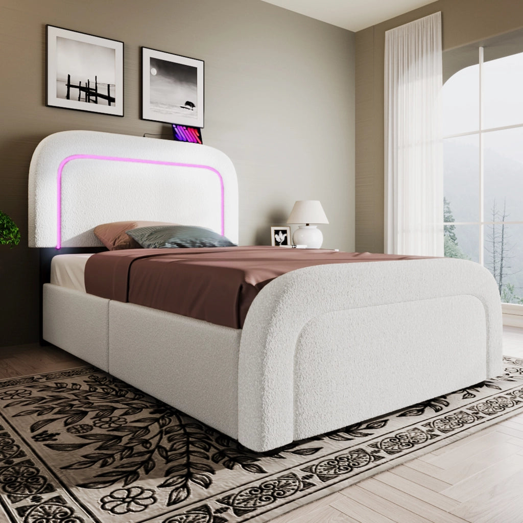 LETTO Singolo 90x200 cm Sherpa Bianco con USB Type-C, LED e 2 cassetti