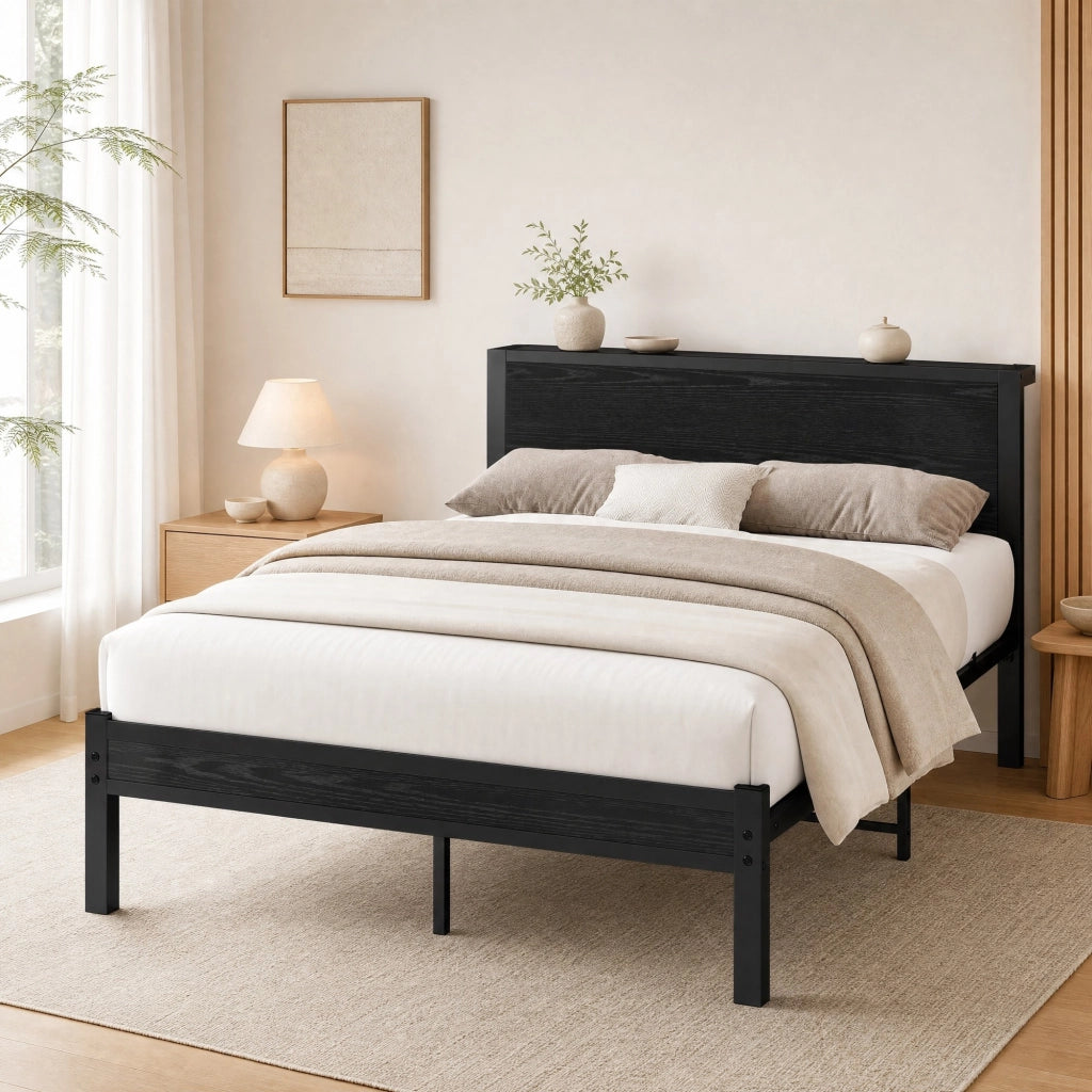 LETTO Singolo 140x200 cm in MDF e Metallo Nero con spazio contenitore
