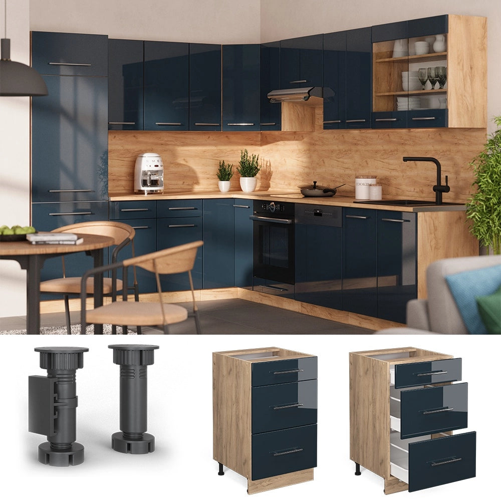 Mobiletto base per cucina Fame-Line Blu scuro lucido/Rovere dorato 50 cm, PL Marmo Vicco