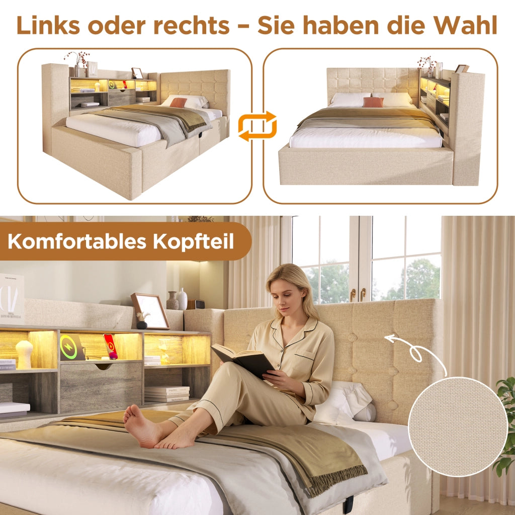LETTO 140x200 cm con LED, USB e contenitore idraulico, Lino Beige