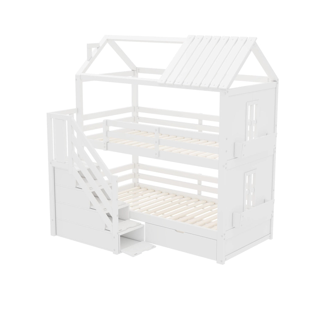 LETTO a castello 90x200 cm bianco con scala contenitore e cassetti