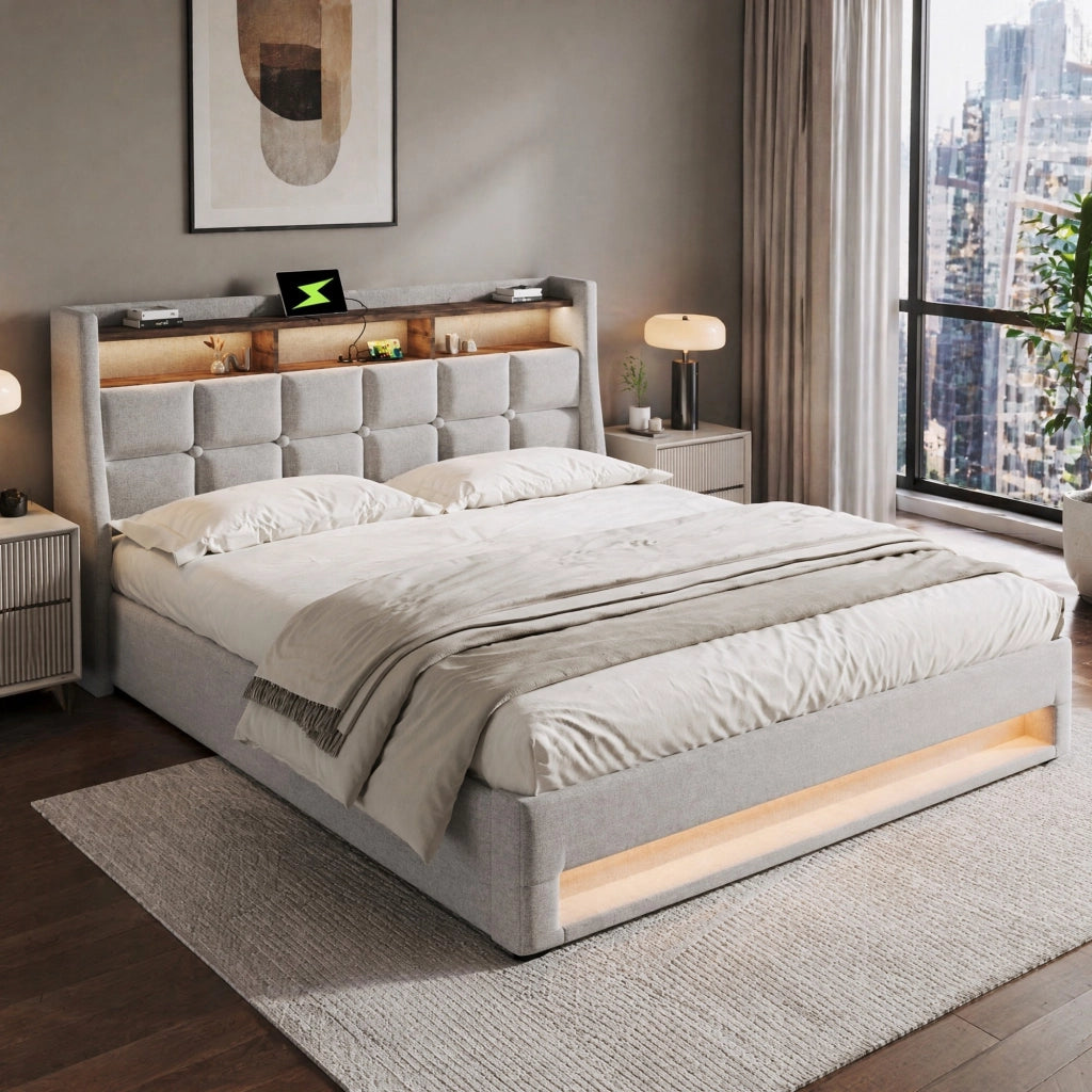 Letto imbottito con LED e USB 160x200 cm, contenitore salvaspazio