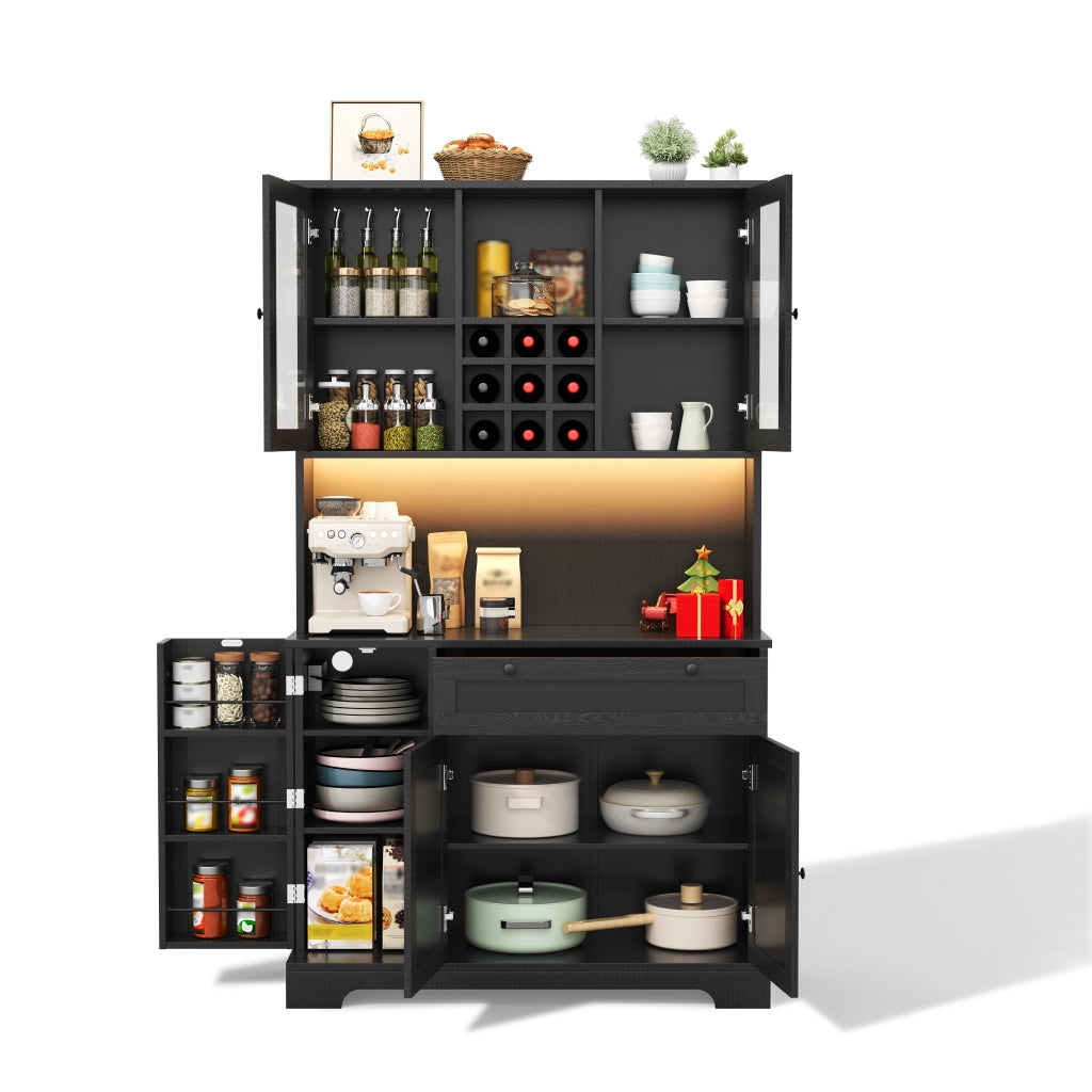 Credenza da Cucina Alta con 5 Ante e 1 Cassetto; LED e Prese; Ripiani Regolabili; in MDF; 105x40x180 cm; Nero