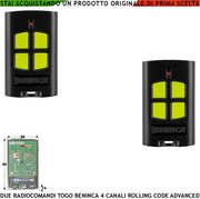 Radiocomando 2 Trasmettitori TO.GO 4 Canali Freq. 433,92 MHz Portata Radio 60/100 Metri Codice Advanced Rolling Code 128 Bit Batteria 12 V 23A Cover ABS Nero Tasti Gialli Comando Automatismo Benincà