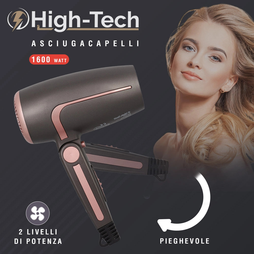 HIGH-TECH ASCIUGACAPELLI PIEGHEVOLE CON DIFFUSORE DA 1600 WATT