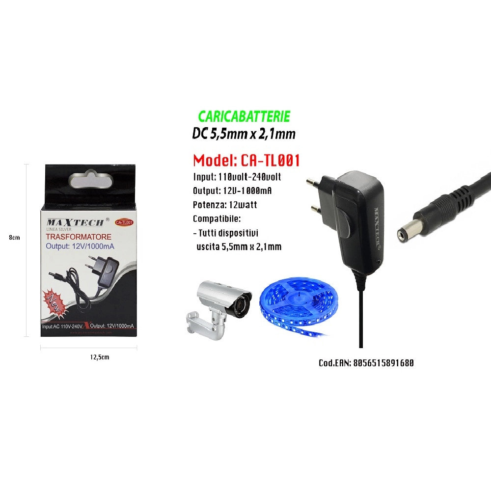 Trade Shop - Caricabatterie Dc 5,5mm X 2,1mm Trasformatore Output 12v/1000ma Maxtech Ca-tl001 -