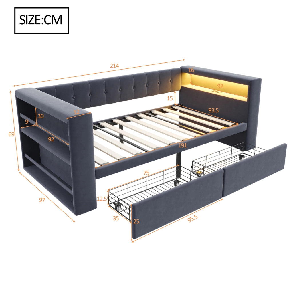 LETTO 90x190 cm con LED, prese e 2 cassetti, grigio scuro, flanella