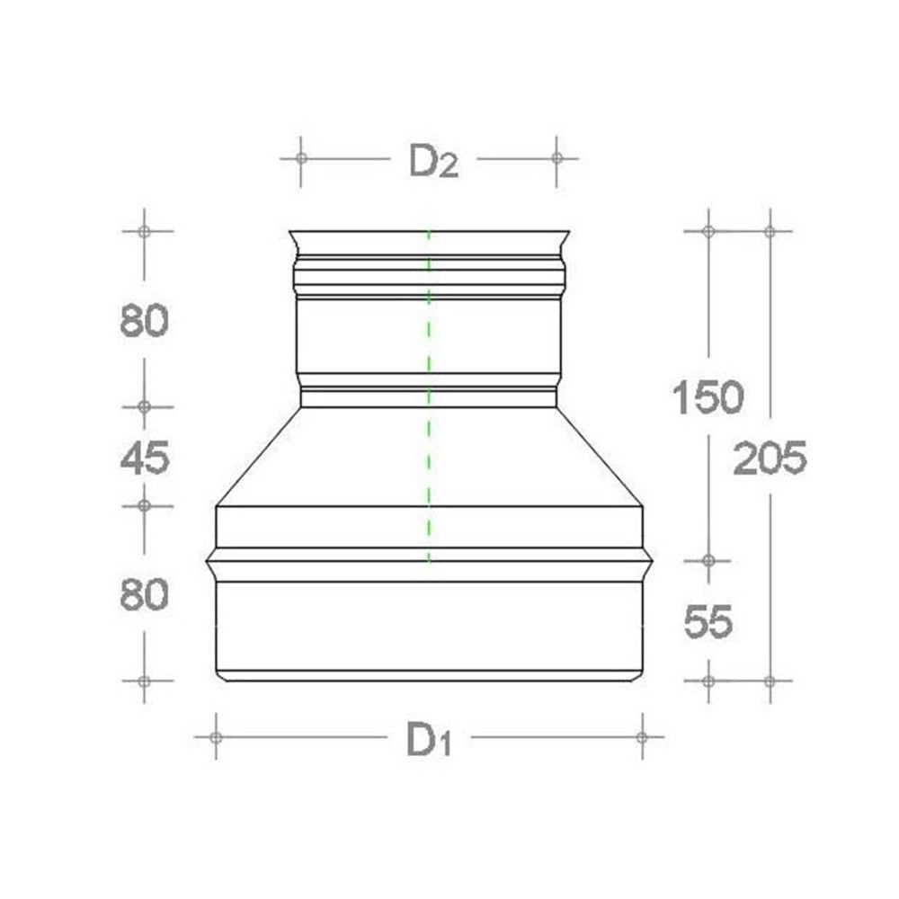Riduzione inox da m 140 a f variabile spessore 6 decimi aisi 304, diametro 120mm