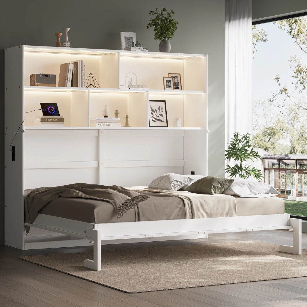 LETTO Contenitore 90x200 cm Bianco in MDF con LED e rete a doghe