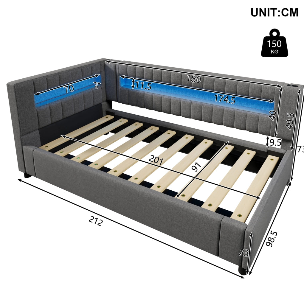 Letto contenitore 90x200 cm con LED, USB e porta Type-C